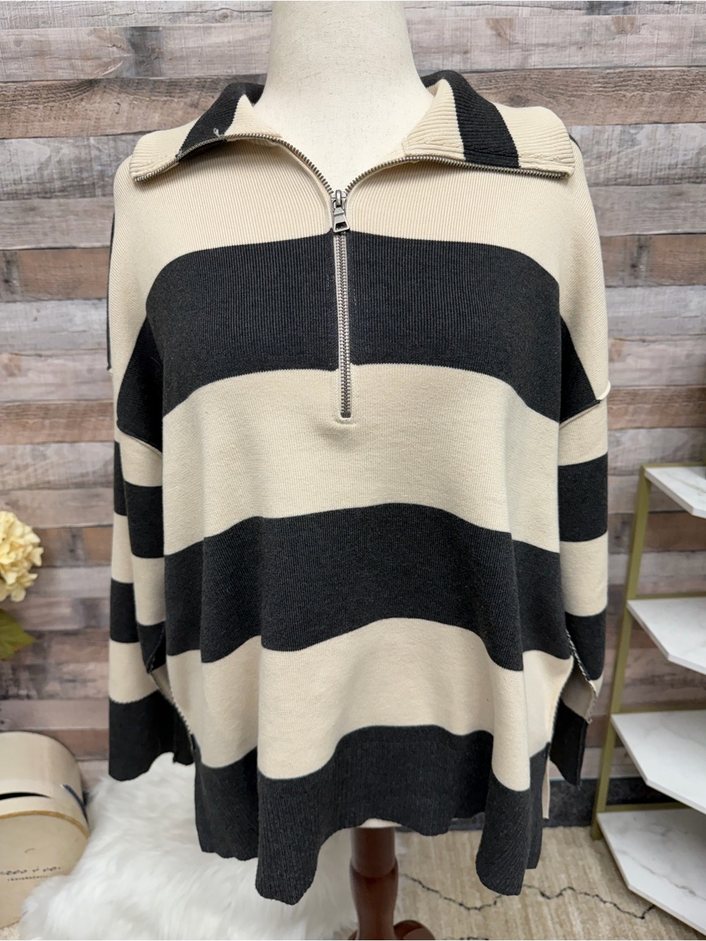 By Together Black & Cream Striped Zip Pullover Sweater